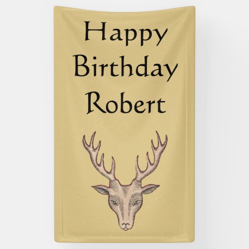 Happy Birthday Buck Deer Head Antlers Tan Banner