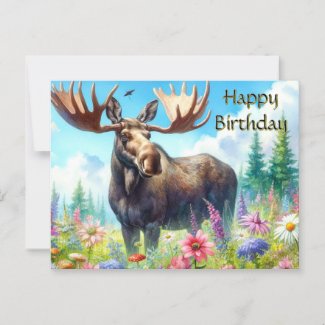Happy Birthday Bull Moose and Wildflowers Postcard
