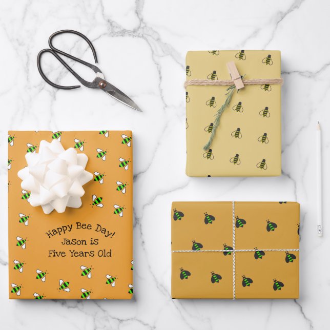 Happy Birthday Bumble Bees Set of 3 Wrapping Paper Sheets (Front)