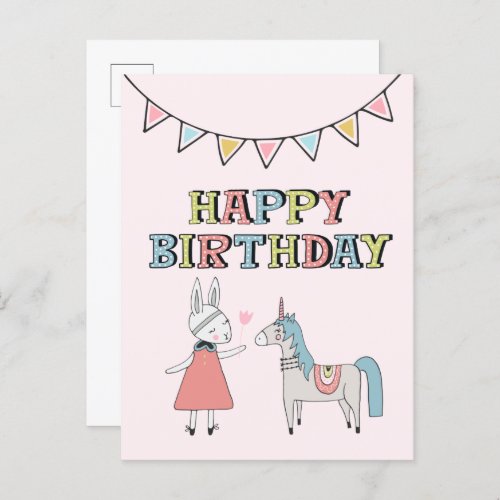 Happy Birthday Bunny and Unicorn Postcard