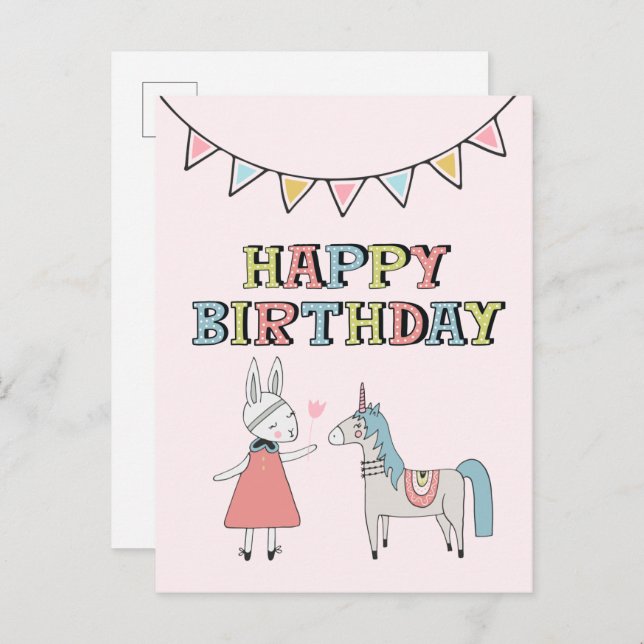 Happy Birthday Bunny and Unicorn Postcard (Front/Back)