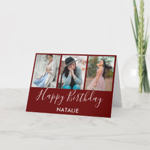 Happy Birthday Burgundy and White 3 Photo Collage Card