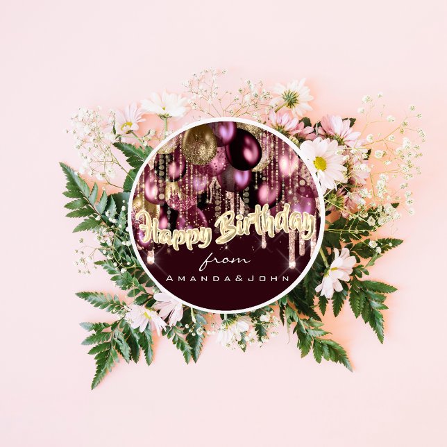 Happy Birthday Burgundy Drips Gold Balloon Marsala Classic Round Sticker (Creator Uploaded)