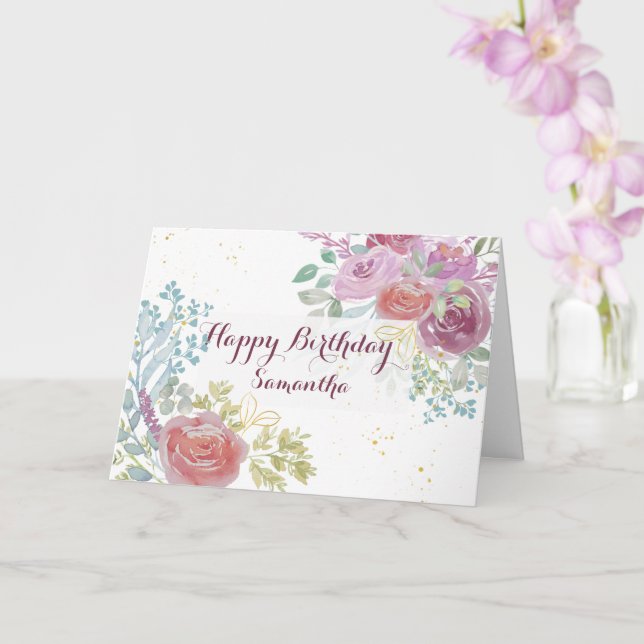 Happy Birthday Burgundy floral Watercolor Card (Orchid)