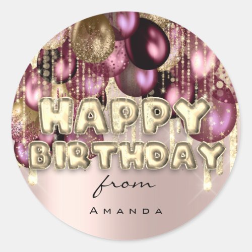 Happy Birthday Burgundy GOLD GLITTER BALLOONS Classic Round Sticker