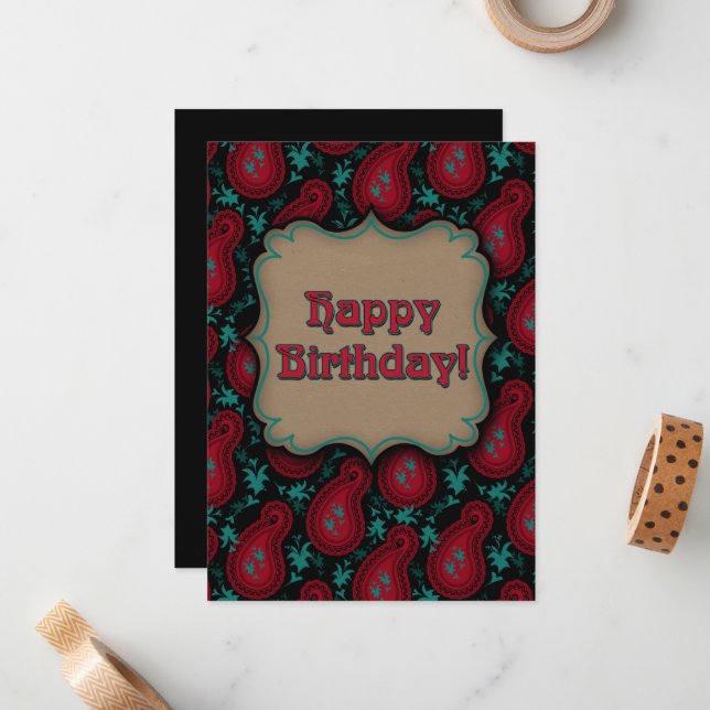 Happy Birthday Burgundy Red Paisley Note Card (Front/Back In Situ)
