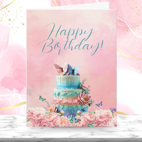 Happy Birthday Butterflies With Cake and Peonies  Card
