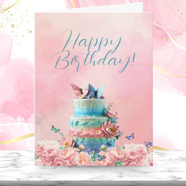 Happy Birthday Butterflies With Cake and Peonies  Card (Fluttering dreams on wings of joy, sweet wishes bloom today.)