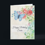 Happy Birthday, Butterfly and Flowers Card<br><div class="desc">This pretty birthday card has a watercolor look. On the upper left is a pretty light blue butterfly. It is hovering over flowers which include a pink rose, daisies, and blue flowers. There are light green leaves and pretty twining vines as well. All of the text can be changed to...</div>