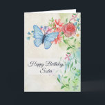 Happy Birthday, Butterfly and Flowers Card<br><div class="desc">This pretty birthday card has a watercolor look. On the upper left is a pretty light blue butterfly. It is hovering over flowers which include a pink rose, daisies, and blue flowers. There are light green leaves and pretty twining vines as well. All of the text can be changed to...</div>