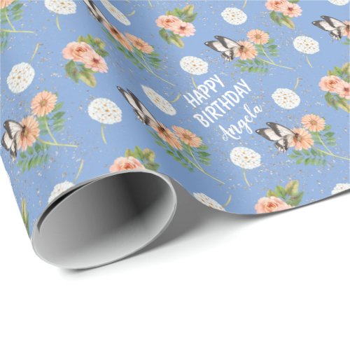 Happy Birthday Butterfly Floral Personalized Wrapping Paper