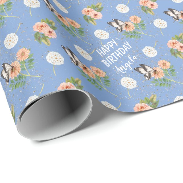 Happy Birthday Butterfly Floral Personalized Wrapping Paper (Roll Corner)