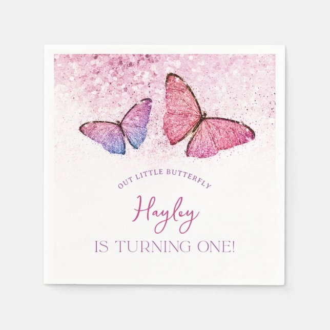 Happy Birthday Butterfly Girl 1st Birthday Party Napkins (Front)
