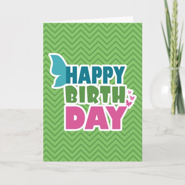 Happy birthday butterfly green/pink greeting card (Front)