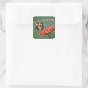 Happy Birthday Butterfly On Zinnia Square Sticker