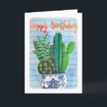 Happy Birthday Cactus Garden Illustration Card<br><div class="desc">Send cheerful birthday wishes with this charming illustrated design featuring a collection of vibrant green cacti arranged in a decorative blue ceramic pot. Set against a soft watercolor striped background, the playful “Happy Birthday” lettering and botanical desert plants create a fresh, modern look. Perfect for plant lovers, cactus collectors, and...</div>