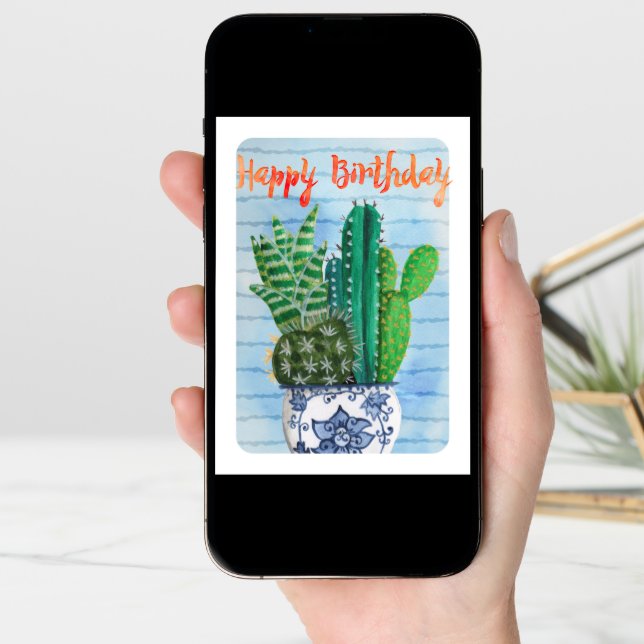 Happy Birthday Cactus Garden Illustration Card (Front Digital)