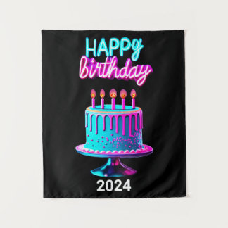 Happy Birthday Cake 2024 Bday Party Custom Neon Tapestry