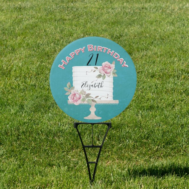 Happy Birthday Cake 21st Floral Modern Simple Sign (Insitu)