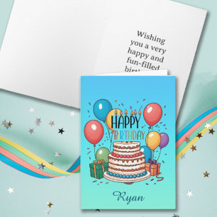 Happy Birthday Cake and Balloons on Ombre Blue Card