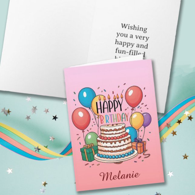 Happy Birthday Cake and Balloons on Ombre Pink Card (Creator Uploaded)