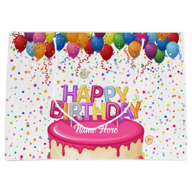 Happy Birthday Cake Balloon and Confetti  Large Gift Bag (Front)