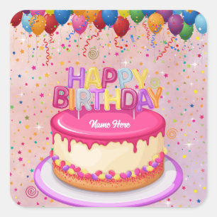 Happy Birthday Cake Balloon and Confetti Square Sticker