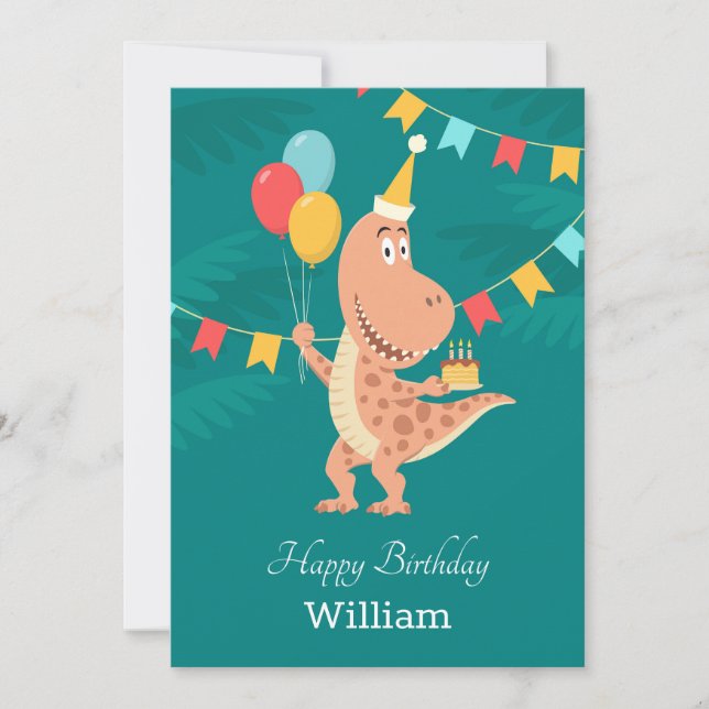 Happy Birthday Cake Balloon Cute Dinosaur Card (Front)