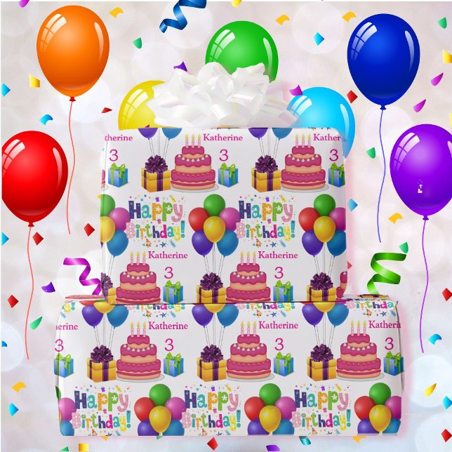 Happy Birthday Cake Balloons Add Name Girl's Pink Wrapping Paper (Creator Uploaded)