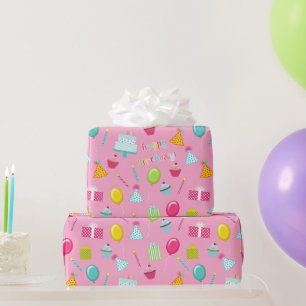 Happy Birthday Cake Balloons Candles Presents Aqua Wrapping Paper