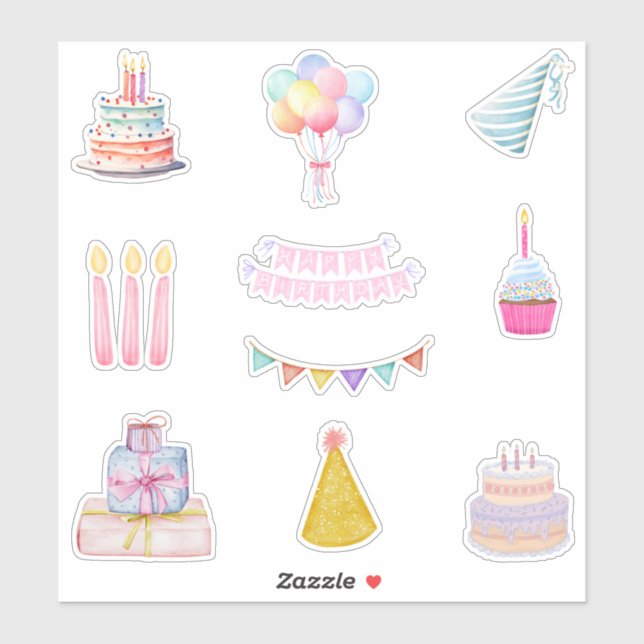 Happy Birthday Cake, Balloons, Candles Sticker (Sheet)