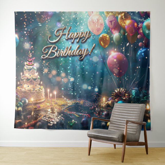 Happy Birthday Cake Balloons Party Decor Tapestry (In Situ (Horizontal))
