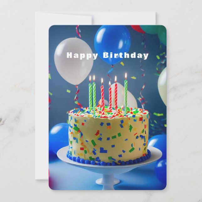  Happy Birthday Cake Blue White Balloons   Card (Front)