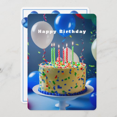  Happy Birthday Cake Blue White Balloons   Card
