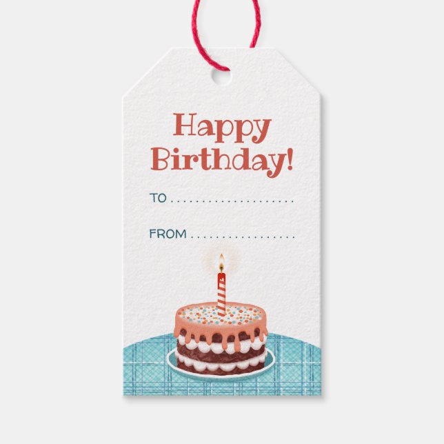 Happy Birthday cake, candle and balloons Gift Tag (Front)
