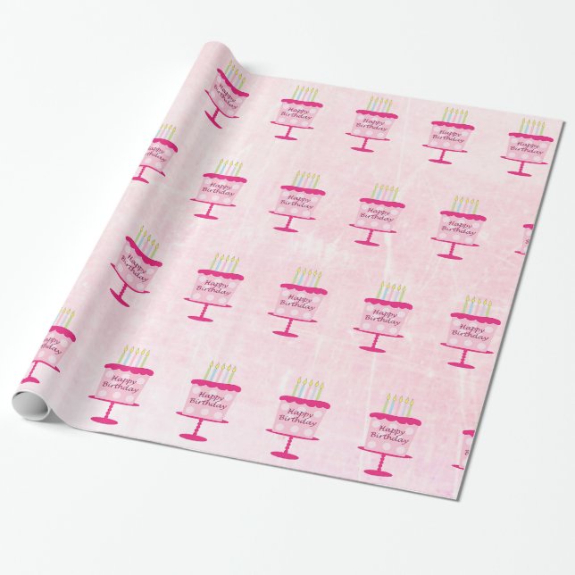 Happy Birthday Cake Gift Wrap Pink (Unrolled)