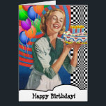 Happy Birthday Cake Lady and Balloons<br><div class="desc">Classic 1960s vintage or retro shot of a woman with an exciting cake and balloons sends a festive birthday message.</div>
