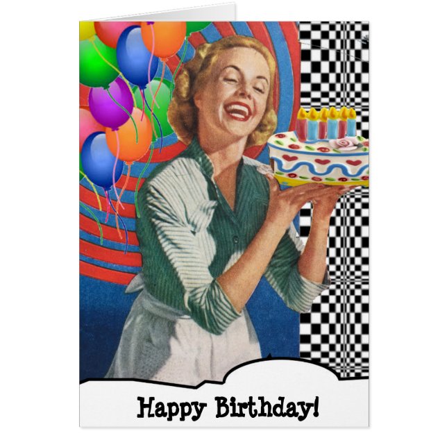 Happy Birthday Cake Lady and Balloons Cards (Front)