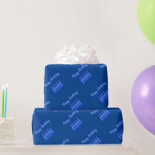 Happy Birthday Cake Neon Blue Sign Text and Cake  Wrapping Paper