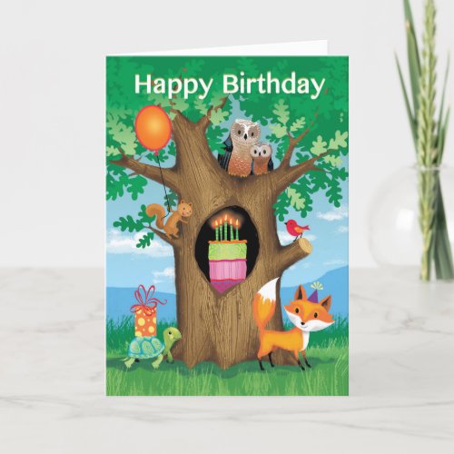 Happy Birthday Cake Owl Turtle Squirrel Red Bird Holiday Card