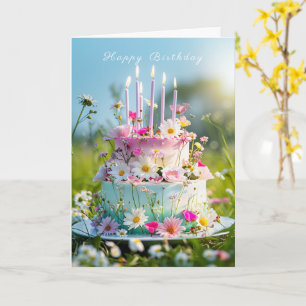Happy Birthday Cake Pink Candles Spring Flowers Card