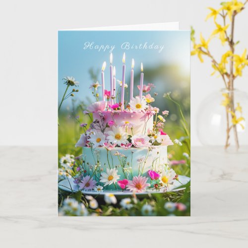 Happy Birthday Cake Pink Candles Spring Flowers  Card