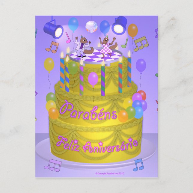 "Happy Birthday" cake (Portuguese) Postcard (Front)