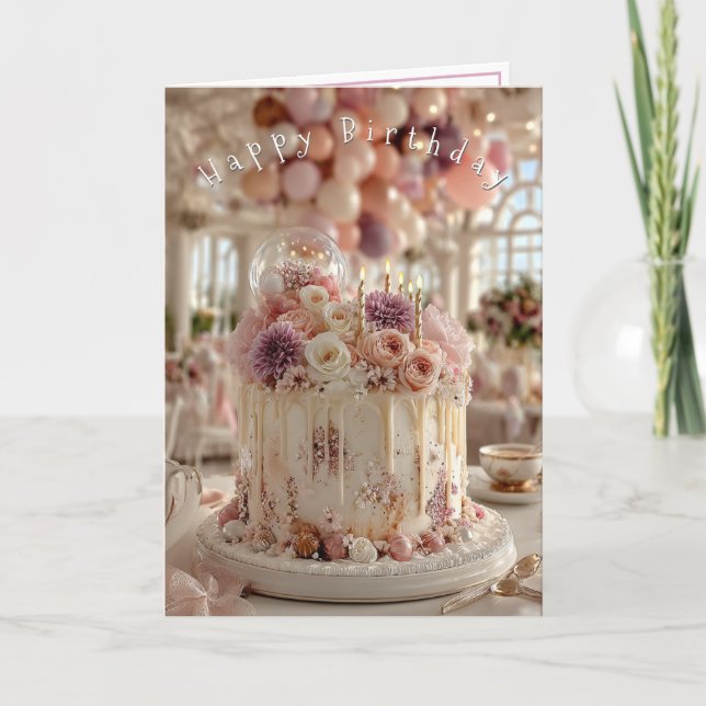 Happy Birthday Cake Pretty Pink Mauve Flowers   Card (Front)