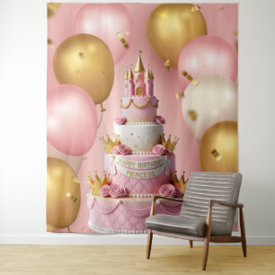 Happy Birthday Cake Princess Castle Banner Tapestry