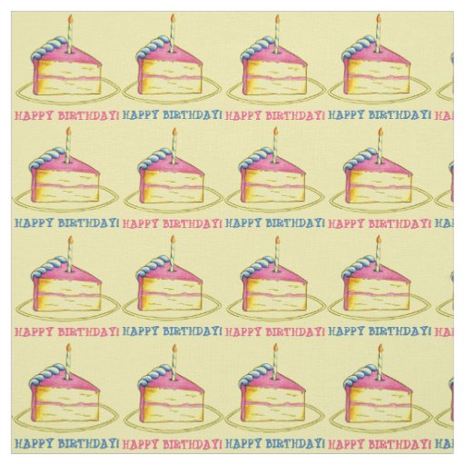 Happy Birthday! Cake Slice Candle Pink Yellow Bday Fabric