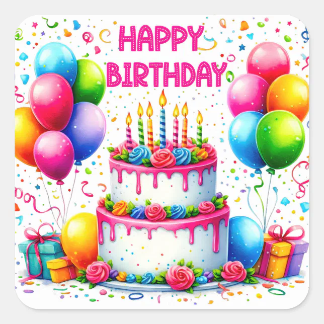 Happy Birthday Cake Square Sticker | Zazzle