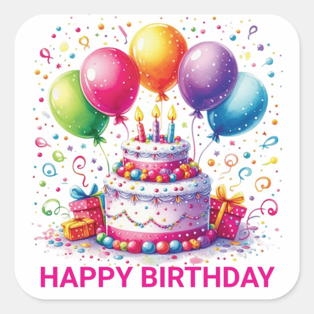 Happy Birthday Cake Square Sticker (Front)