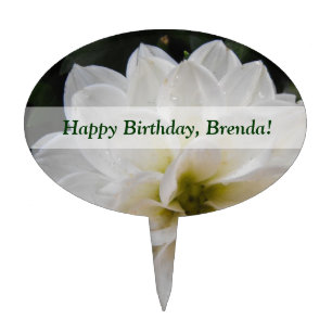 Happy birthday cake top, white dahlia flower topper