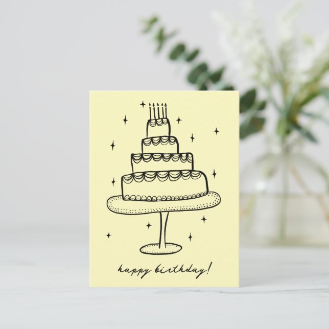 Happy Birthday Cake Whimsical Sketch Doodle  Postcard (Standing Front)